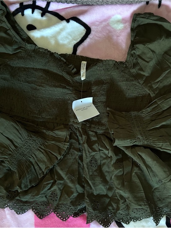 American Eagle Outfitters Tops - American Eagle Outfitters Olive Green Smocked Eyelet Peasant Top